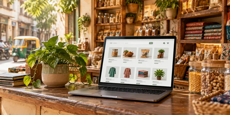 Laptop showing a local marketplace on a shop counter