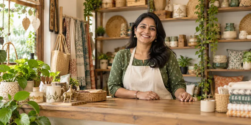 Local shopkeeper standing behind her shop counter